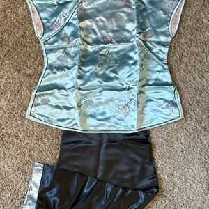 Satin Floral Embroidered Cheongsam Top with Satin Pants